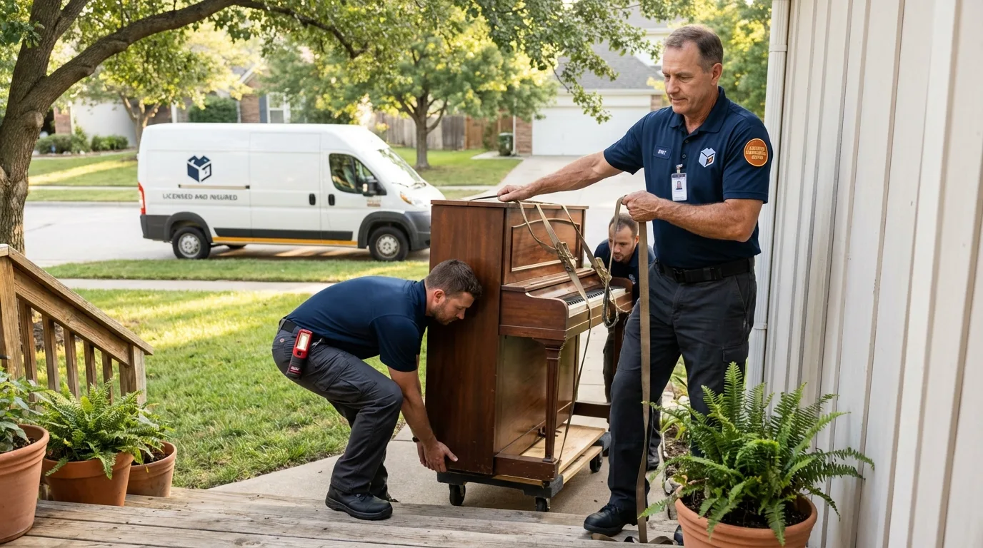 Licensed piano movers securing grand piano in Hillsboro, OR