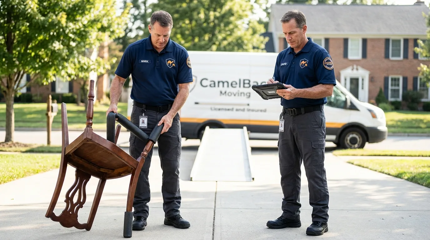Movers inspecting furniture for damage prevention before loading in Hillsboro, OR
