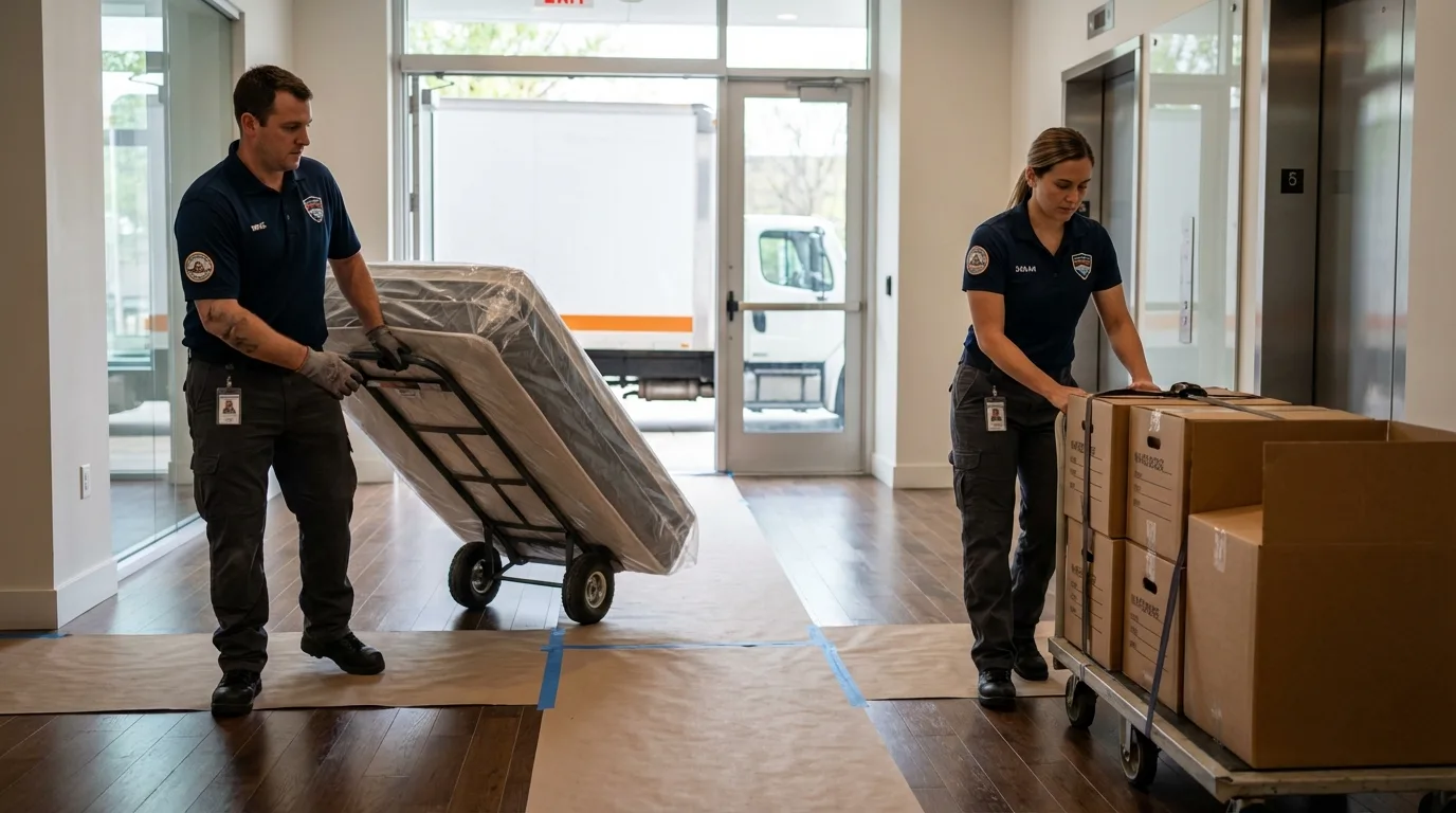 Professional apartment movers loading elevator in Hillsboro, OR
