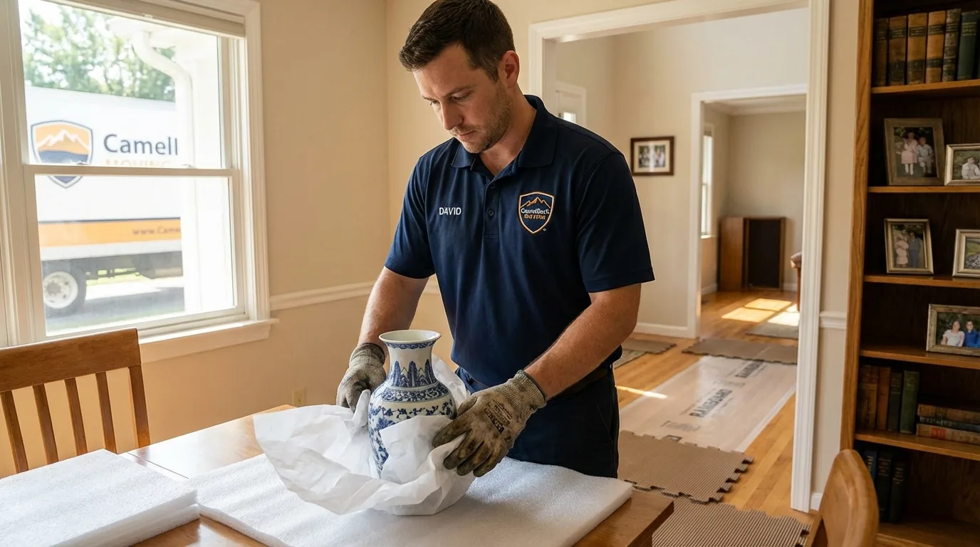 Professional crew carefully wrapping antique vase for senior downsizing move in Hillsboro, OR